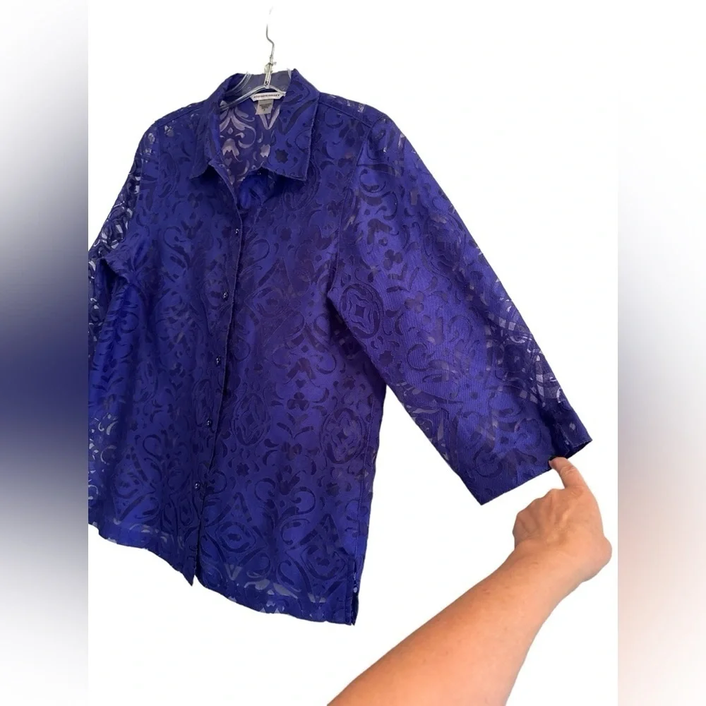 Allison Daley Deep Purple Sheer Button Down Blouse Womens 8 Lovely Summer Top - Picture 8 of 16